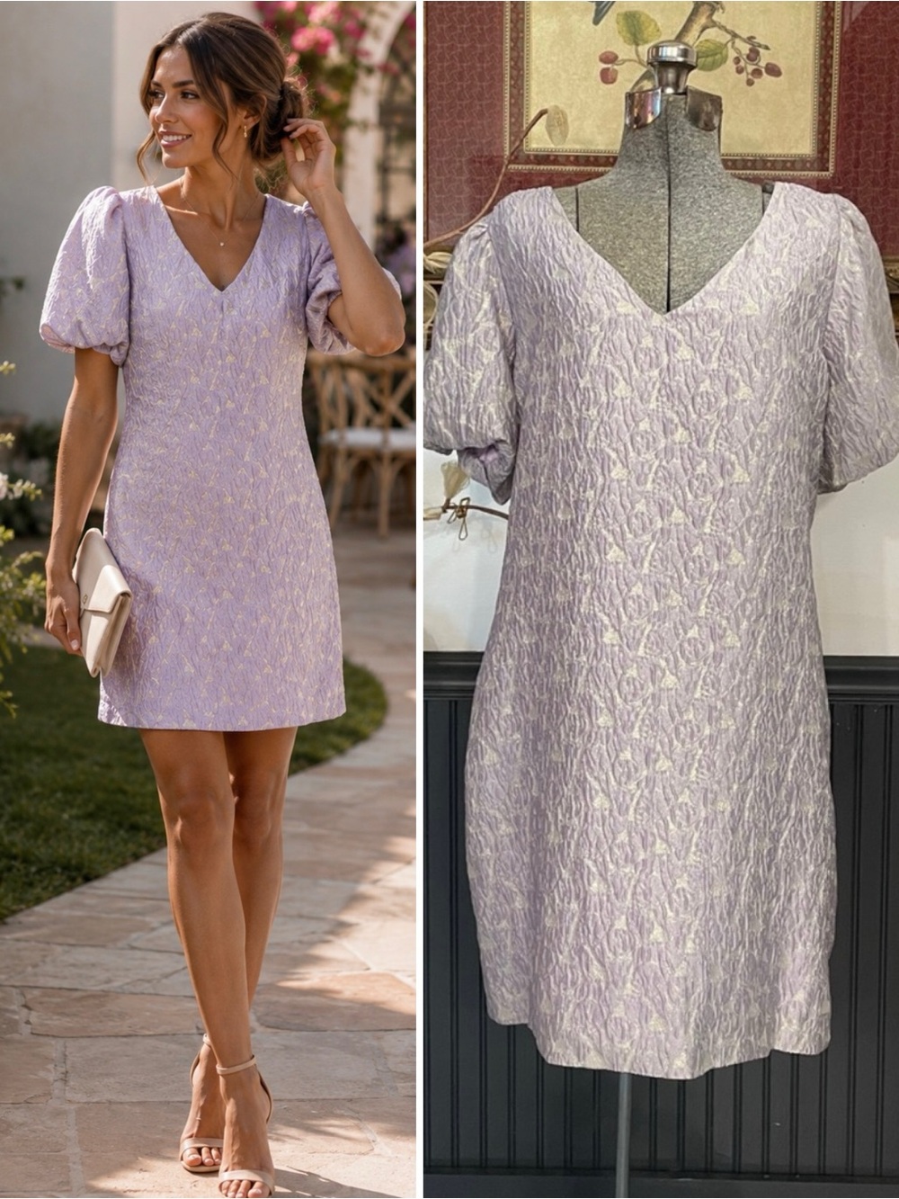 NWT Greylin Cali Jacquard Silk Blend Puff Sleeve Mini Dress Lavender L🧡🎀
